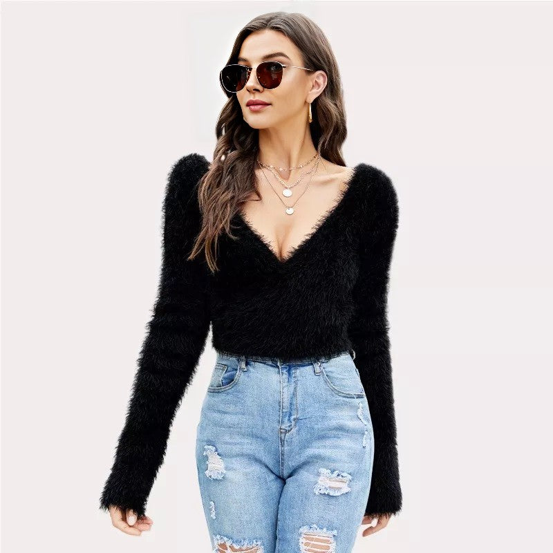 Womens V Neck Sweater Mohair Cropped Sweater Sexy Pullover