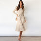 Women's Elegant Cable Knit Dress Crewneck Slim Fit Pullover with Belt Sweater Dress in Off White