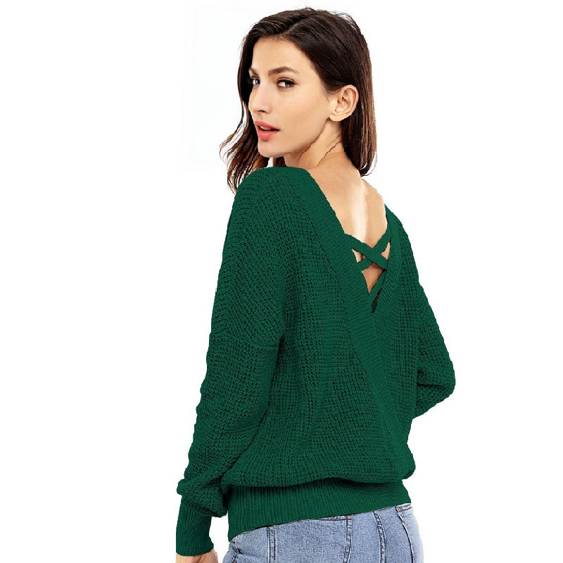 Knit Sweater Backless Sexy Green Sweater