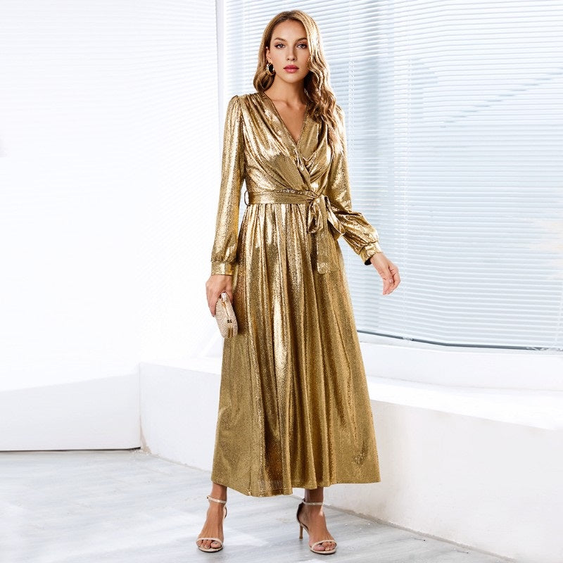 Women's Sparkly Metallic Dress Xmas Party Dress V-neck Prom Dress in Golden Shiny
