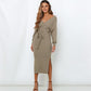 Elegant Sweater Dress with Belt Batwing Sleeve Midi Dress in Kakhi
