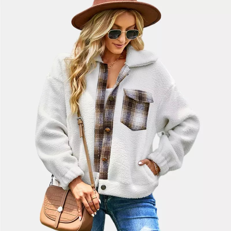 Button Closure Chest Pocket Fuzzy Fleece Sherpa Jacket in Off White