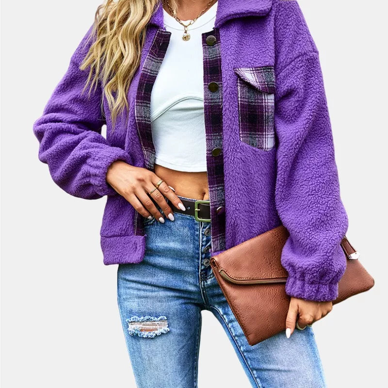 Button Closure Chest Pocket Fuzzy Fleece Sherpa Jacket in Purple