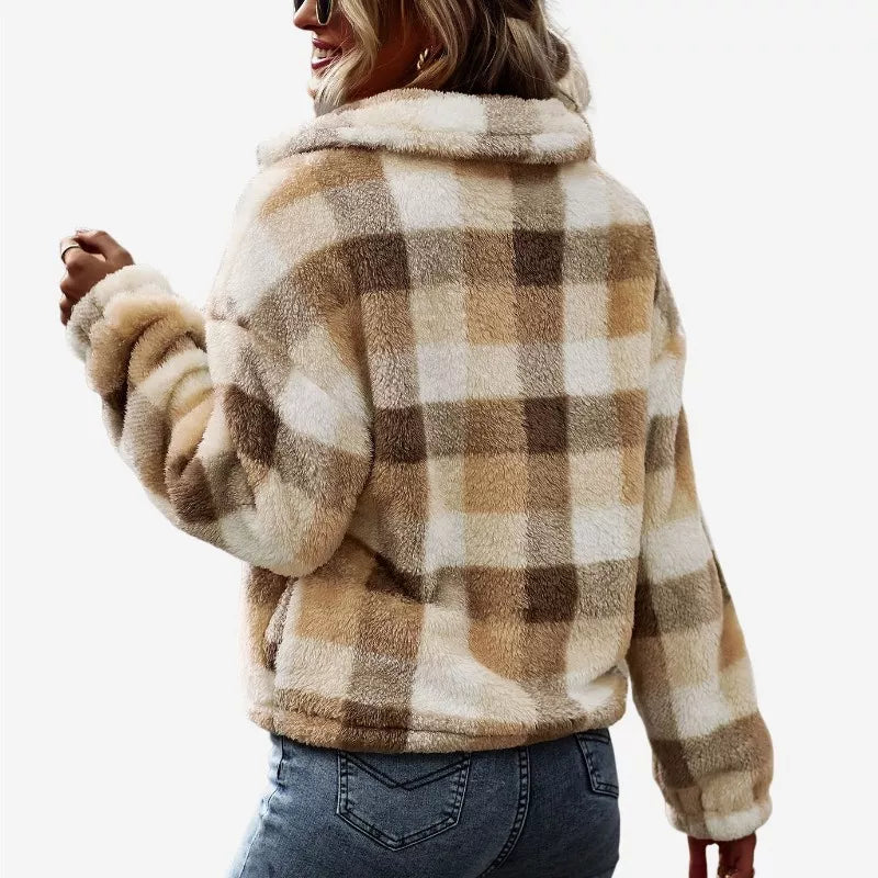 Quarter Zip Sherpa Jacket Cropped Plaid Fluffy Soft Fleece Sweater