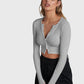V Neck Crop Top Long Sleeve Button Up