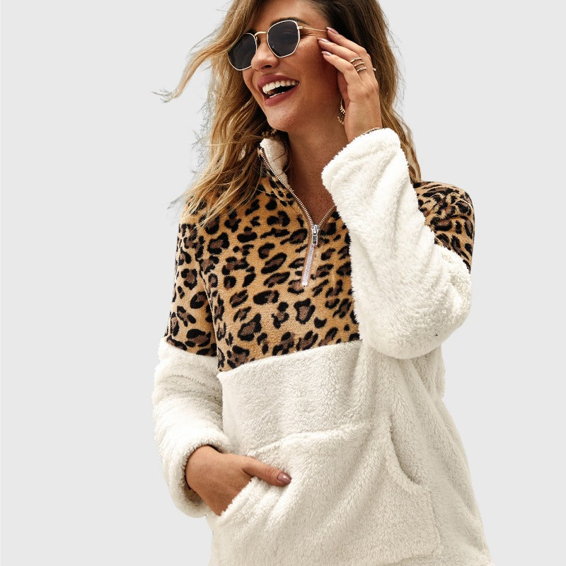 Quarter-Zip Sherpa Pullover Fuzzy Fleece Sweater in White X Leopard