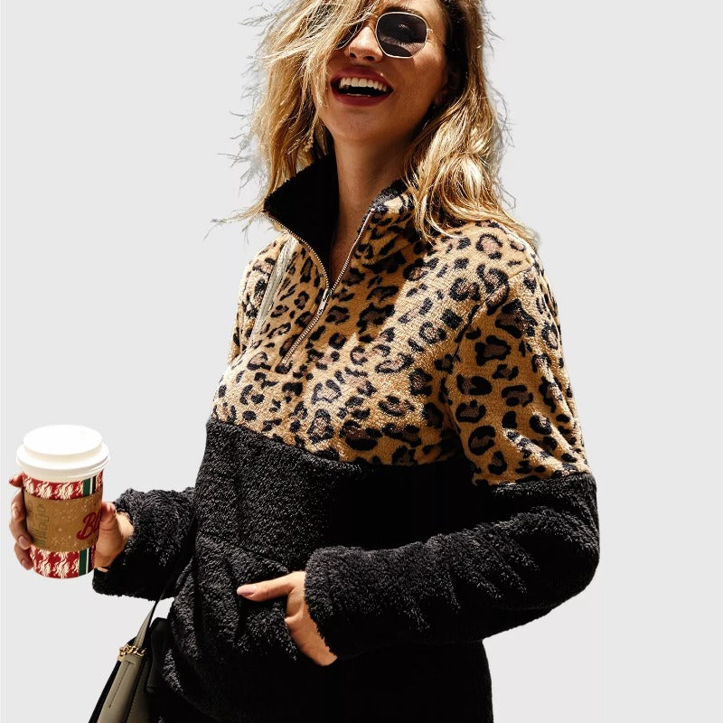 Quarter-Zip Fleece Sherpa Pullover Womens Contrast Color Animal Print