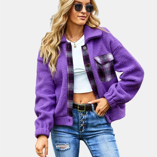Button Closure Chest Pocket Fuzzy Fleece Sherpa Jacket in Purple
