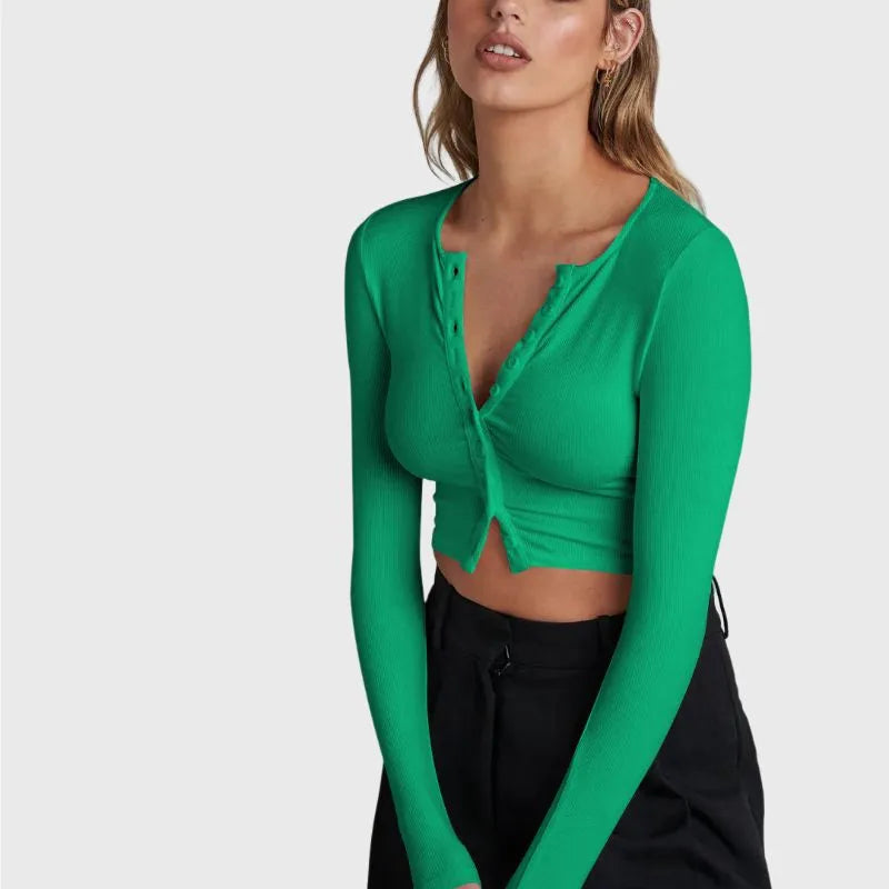 Green Button Up Crop Top Long Sleeve 
