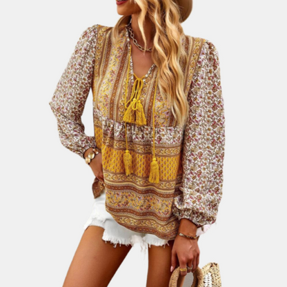 Floral Tie Neck with Tassels Blouse