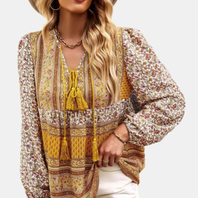 Floral Tie Neck with Tassels Blouse