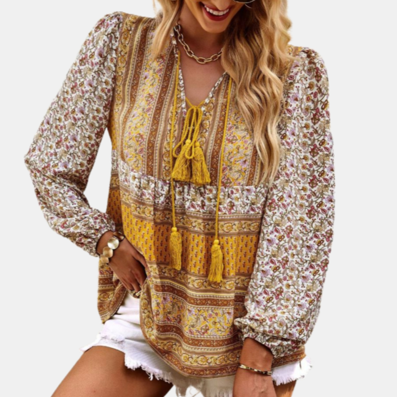 Floral Tie Neck with Tassels Blouse