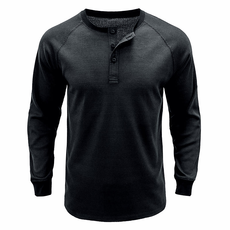 Men's Classi Henley T Shirts Waffle Long Sleeve in Black