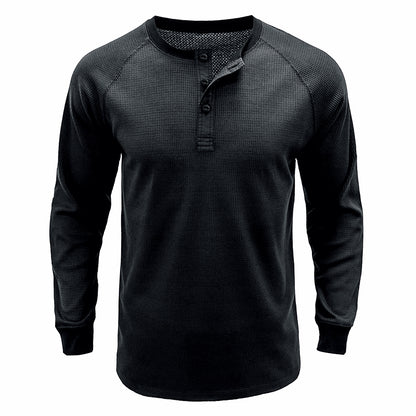 Men's Classi Henley T Shirts Waffle Long Sleeve in Black