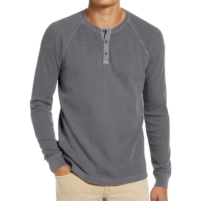 Men's Classi Henley T Shirts Waffle Long Sleeve in Gray