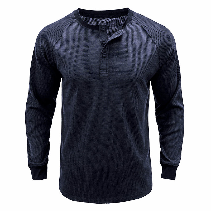Men's Classi Henley T Shirts Waffle Long Sleeve in Navy Blue