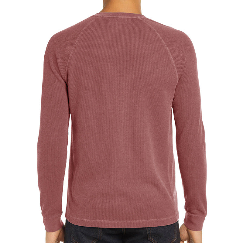 Men's Classi Henley T Shirts Waffle Long Sleeve in Rust Red