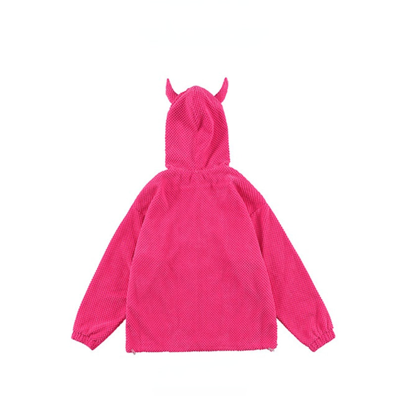 Devil Horn Hoodies Unisex Fleece Oversize Sweatshirt in Pink