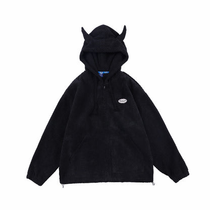 Devil Horn Hoodies Unisex Fleece Oversize Sweatshirt in Black