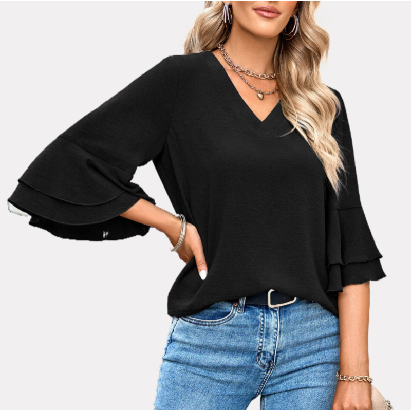 Flutter Sleeve Top V Neck Blouse in Black