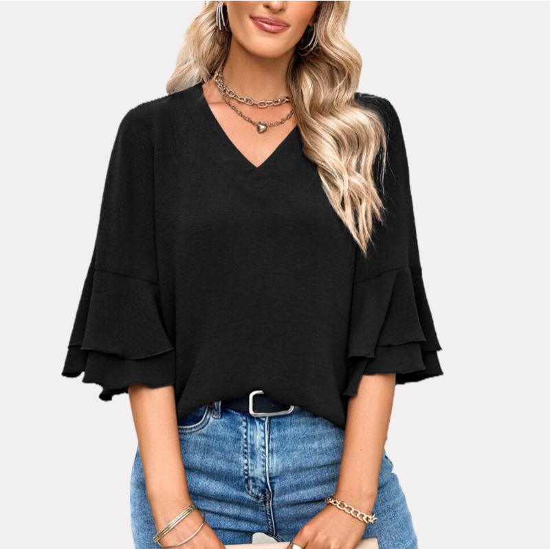 Flutter Sleeve Top V Neck Blouse in Black