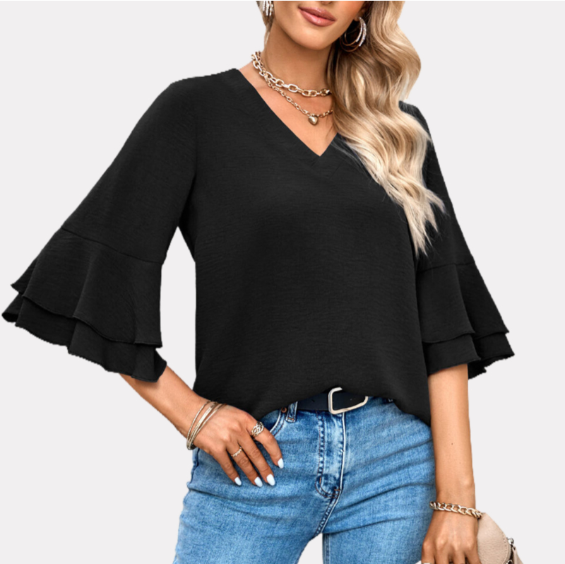 Flutter Sleeve Top V Neck Blouse in Black