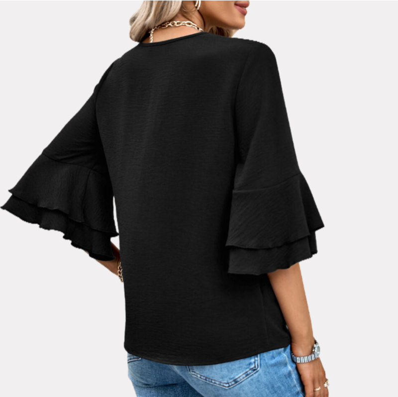 Flutter Sleeve Top V Neck Blouse in Black