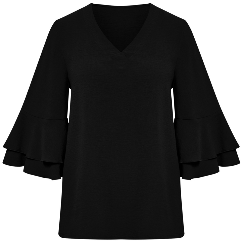 Flutter Sleeve Top V Neck Blouse in Black