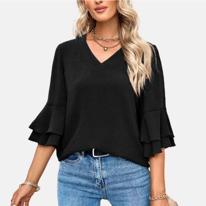 Flutter Sleeve Top V Neck Blouse in Black