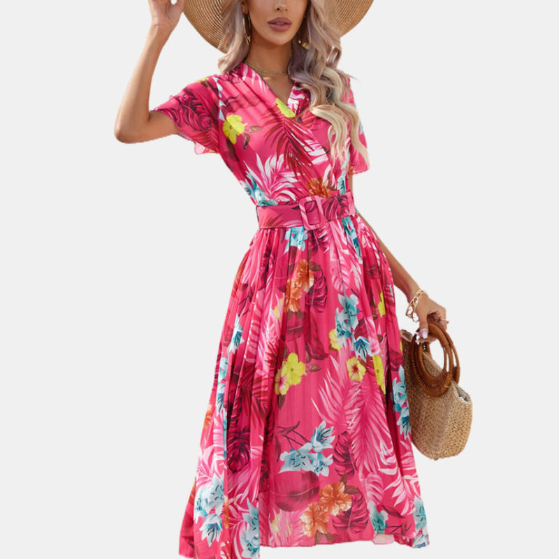 Red Floral Wrap Dress with Belt