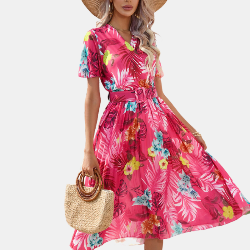 Red Floral Wrap Dress with Belt