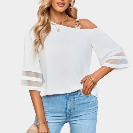 One Shoulder Blouse Elbow Sleeve White Blouse