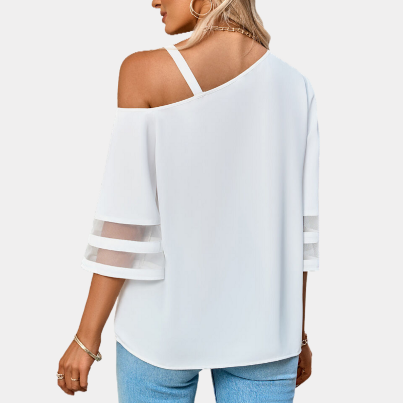 One Shoulder Blouse Elbow Sleeve White Blouse