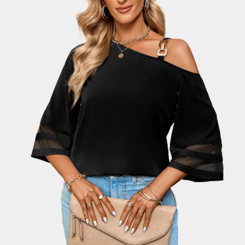 One Shoulder Blouse Elbow Sleeve Black Blouse