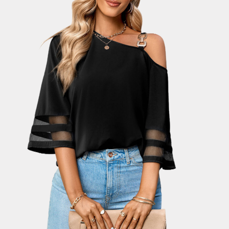 One Shoulder Blouse Elbow Sleeve Black Blouse