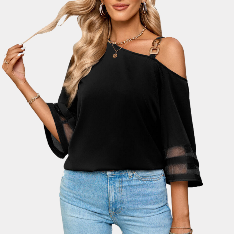 One Shoulder Blouse Elbow Sleeve Black Blouse