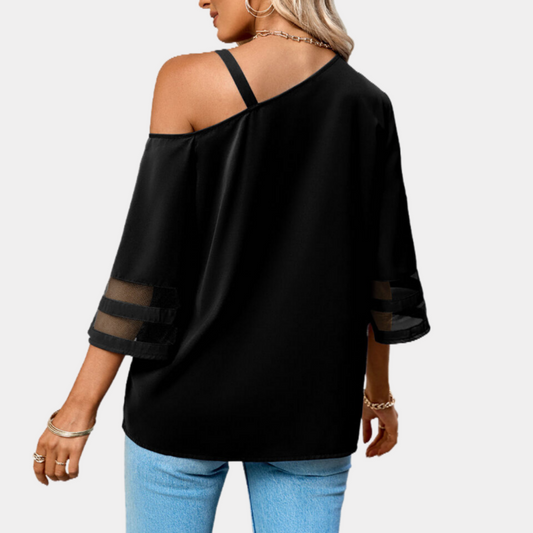 One Shoulder Blouse Elbow Sleeve Black Blouse