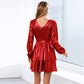 Women's Sparkly Metallic Skater Christmas Club Party Dress V-neck in Red Shiny