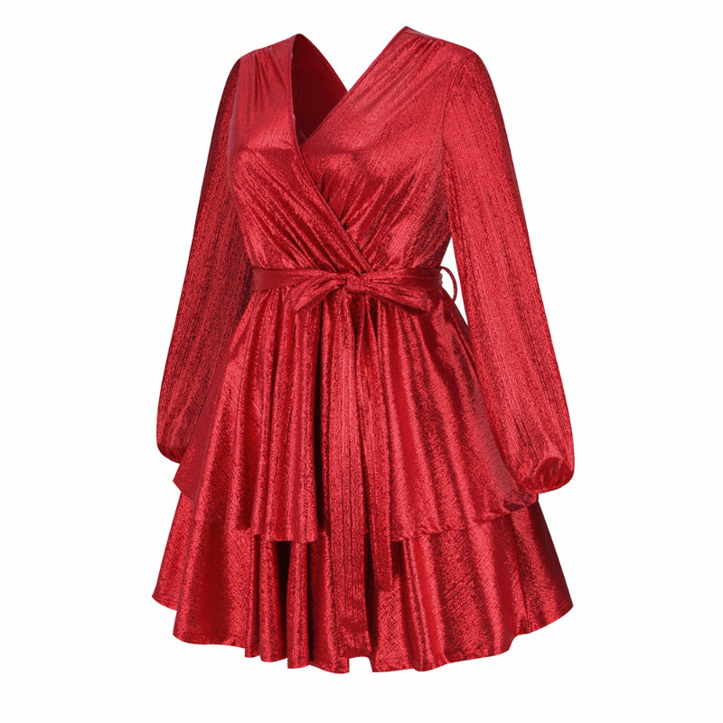 Women's Sparkly Metallic Skater Christmas Club Party Dress V-neck in Red Shiny