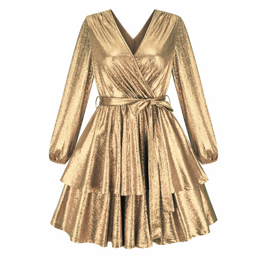 Women's Sparkly Metallic Skater Christmas Club Party Dress V-neck in Golden Shiny