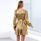 Women's Sparkly Metallic Skater Christmas Club Party Dress V-neck in Golden Shiny