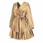 Women's Sparkly Metallic Skater Christmas Club Party Dress V-neck in Golden Shiny