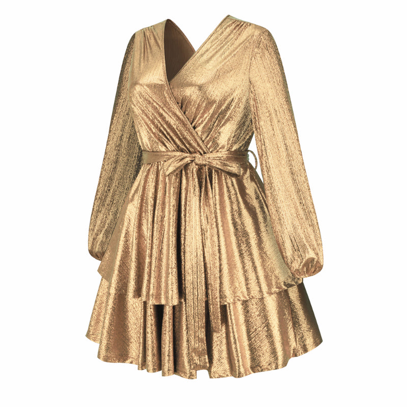 Women's Sparkly Metallic Skater Christmas Club Party Dress V-neck in Golden Shiny