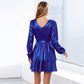 Women's Sparkly Metallic Skater Christmas Club Party Dress V-neck in Blue Shiny