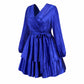 Women's Sparkly Metallic Skater Christmas Club Party Dress V-neck in Blue Shiny