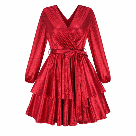 Women's Sparkly Metallic Skater Christmas Club Party Dress V-neck in Red Shiny
