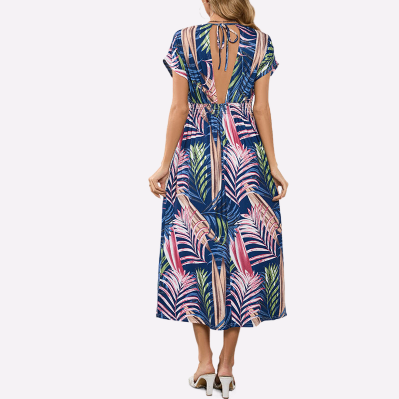 Hawaiian Print Dress | Open Back Maxi