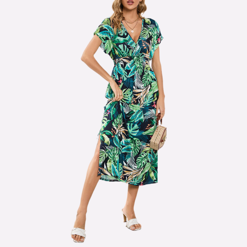 Hawaiian Print Dresses | V Neck Maxi