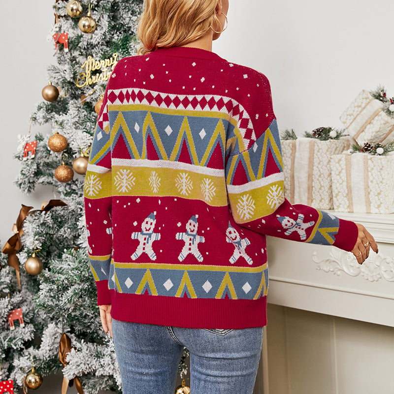 Ugly Christmas Sweater Knit Pullover Snowmen Print Red Sweater