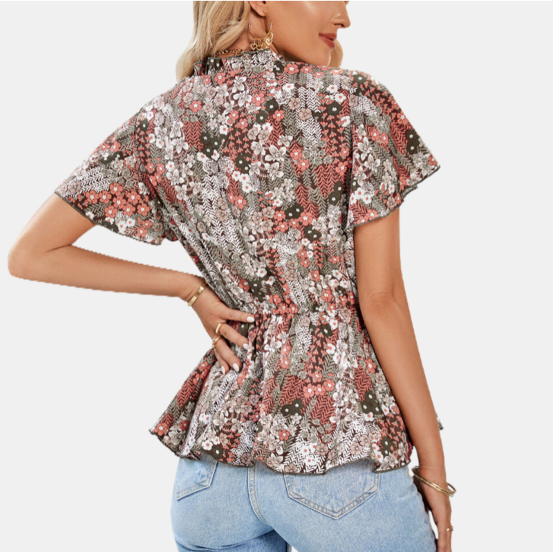 Floral Blouse Womens with Ruffle Collar and Short Sleeve